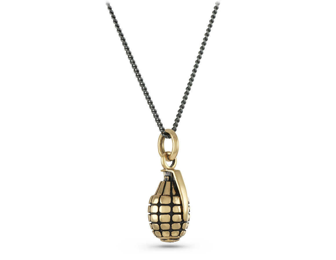 Grenade Necklace in Bronze - shown on gunmetal chain