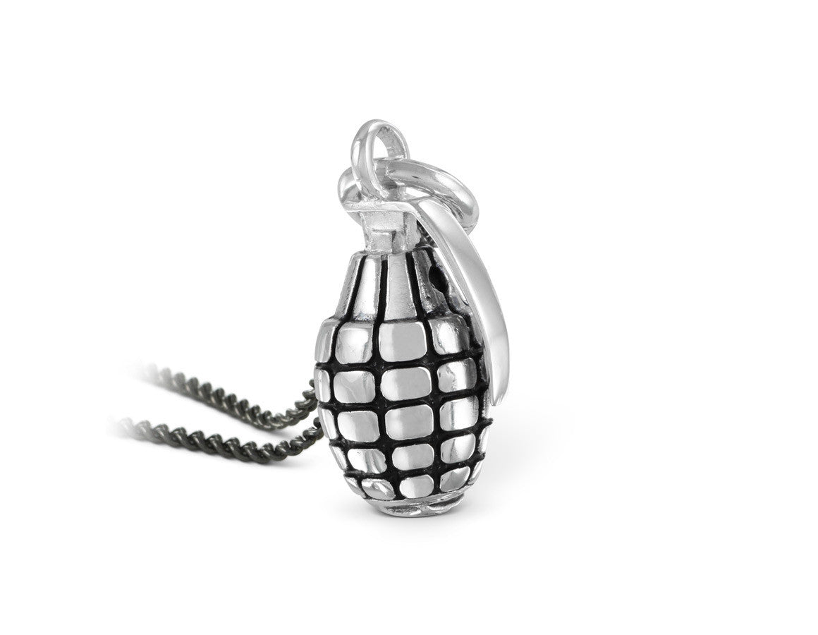 Grenade Necklace in Silver - shown on gunmetal chain