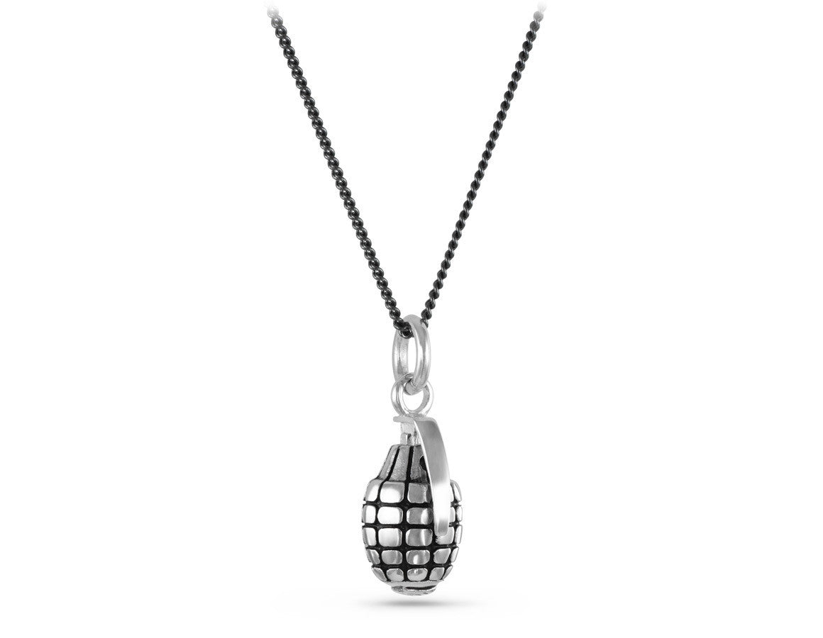 Grenade Necklace in Silver - shown on gunmetal chain