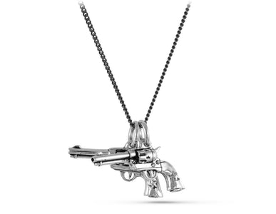 Guns Necklace in Silver - shown on gunmetal chain