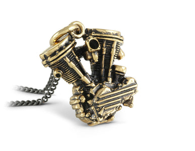 Motorcycle Engine Necklace in Bronze - shown on gunmetal chain