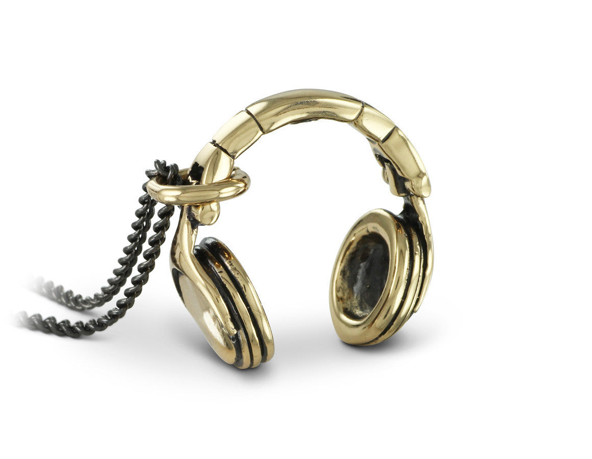 Headphones Necklace in Bronze - shown on gunmetal chain