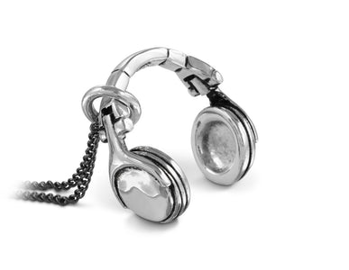 Headphones Necklace in Silver - shown on gunmetal chain