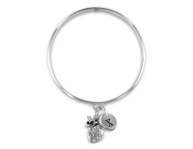 Anatomical Heart Bangle with Initial Charm in Silver