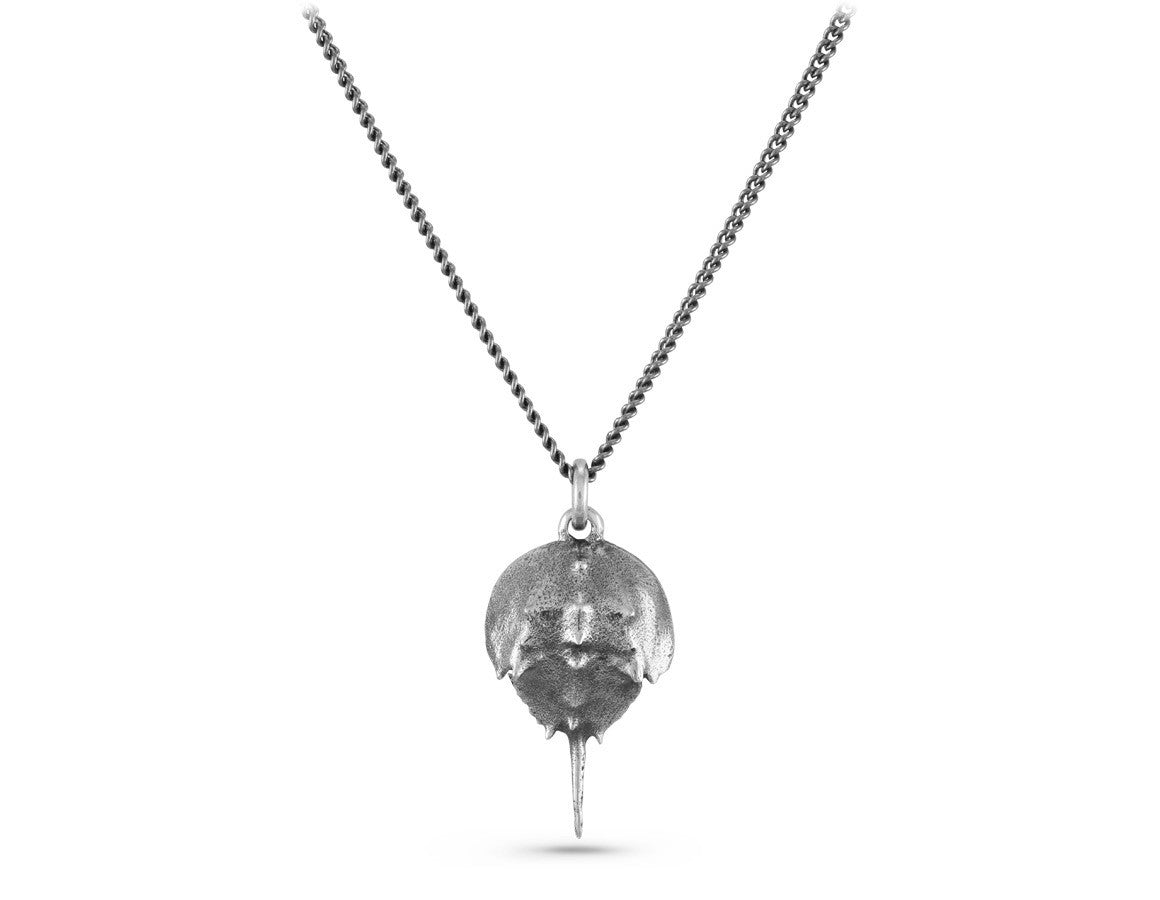 Horseshoe Crab Necklace in Silver - shown on gunmetal chain