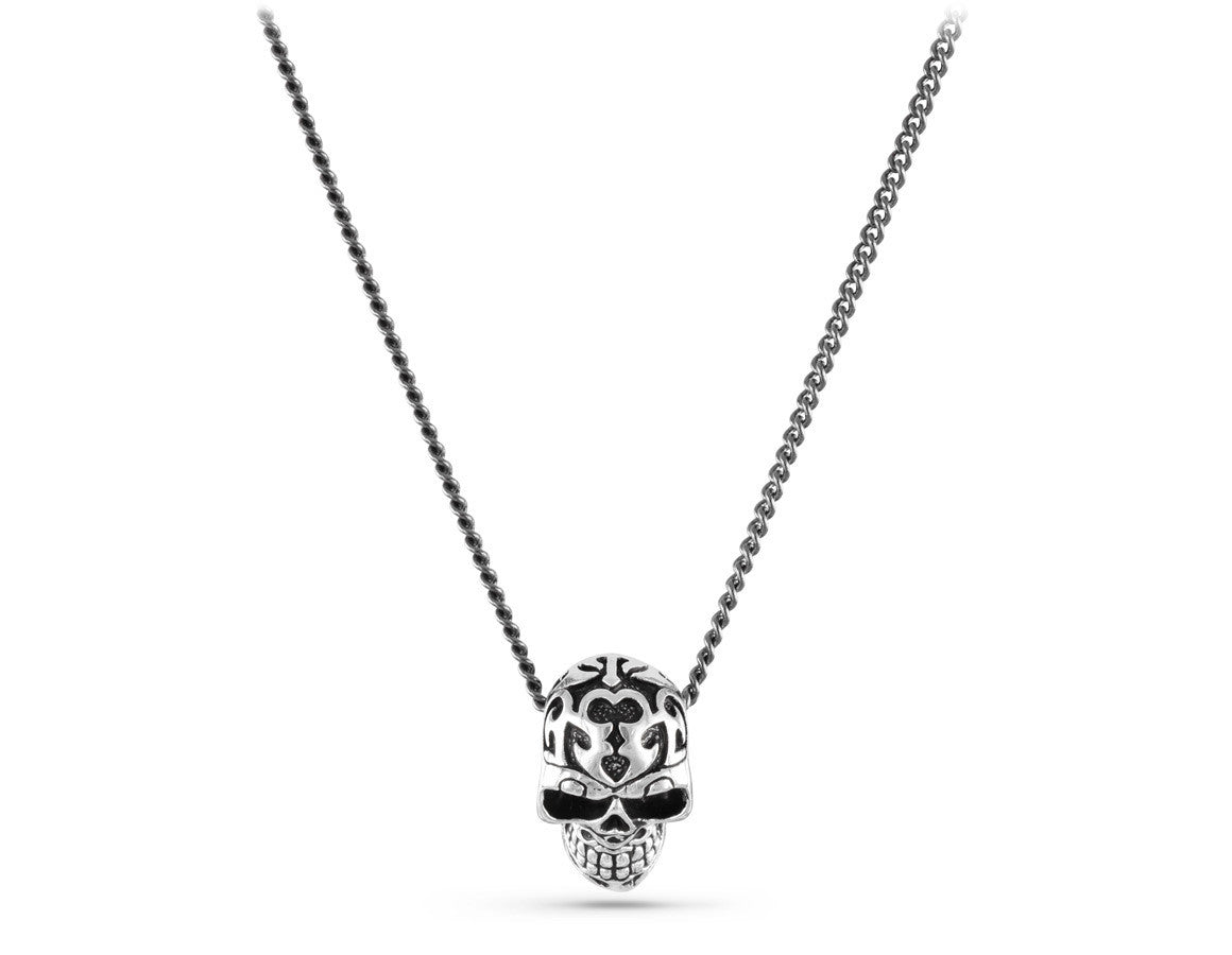 Small Ornate Skull Necklace in Silver - shown on gunmetal chain