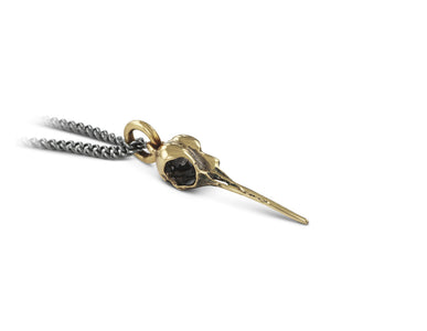  Small Hummingbird Skull Necklace in Bronze - shown on gunmetal chain