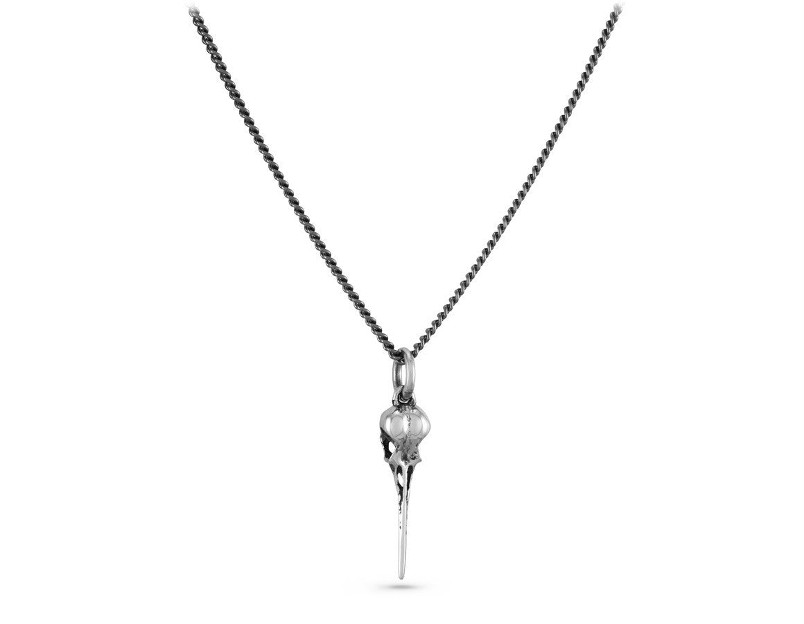 Small Hummingbird Skull Necklace in Silver - shown on gunmetal chain