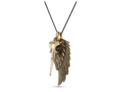 Hummingbird Skull & Wing Necklace in Bronze - shown on gunmetal chain