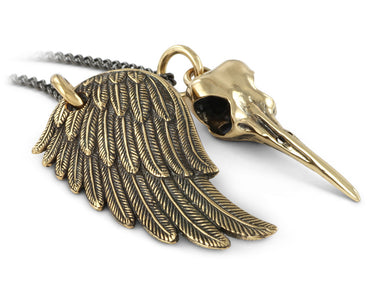 Hummingbird Skull & Wing Necklace in Bronze - shown on gunmetal chain