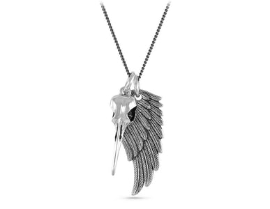 Hummingbird Skull & Wing Necklace in Silver - shown on gunmetal chain