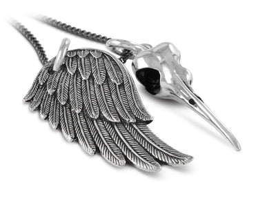 Hummingbird Skull & Wing Necklace in Silver - shown on gunmetal chain