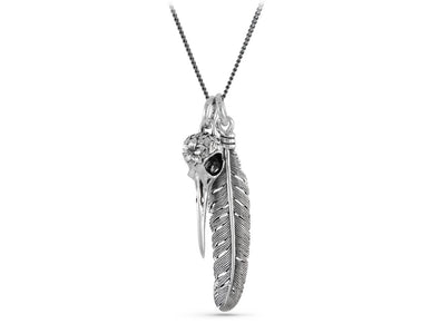 Hummingbird Skull & Feather Necklace in Silver - shown on gunmetal chain