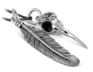 Hummingbird Skull & Feather Necklace in Silver - shown on gunmetal chain