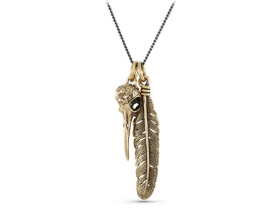 Hummingbird Skull & Feather Necklace in Bronze - shown on gunmetal chain