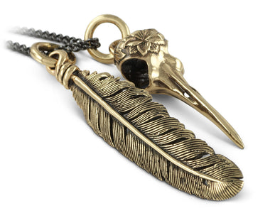 Hummingbird Skull & Feather Necklace in Bronze - shown on gunmetal chain