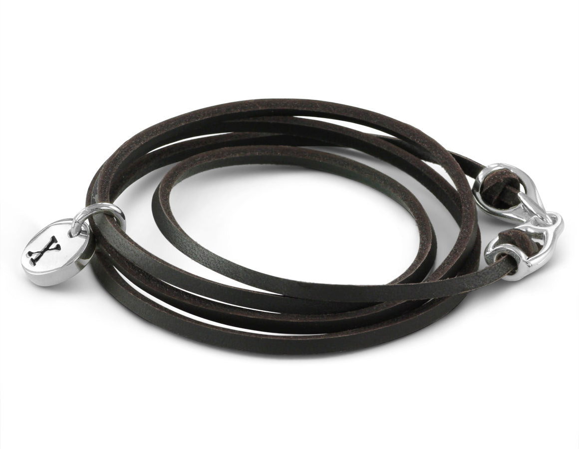 Initial Charm Leather Bracelet in Silver - shown on brown leather