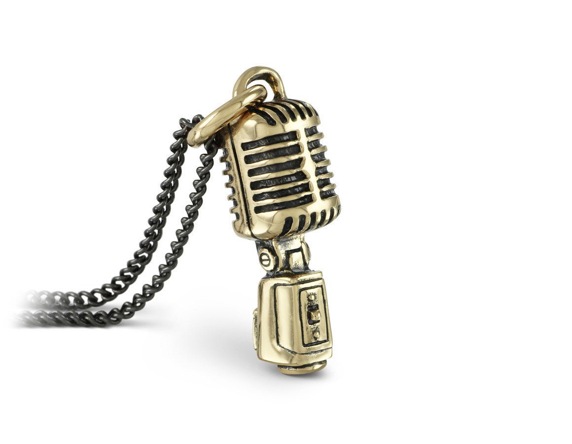 Microphone Necklace in Bronze - shown on gunmetal chain