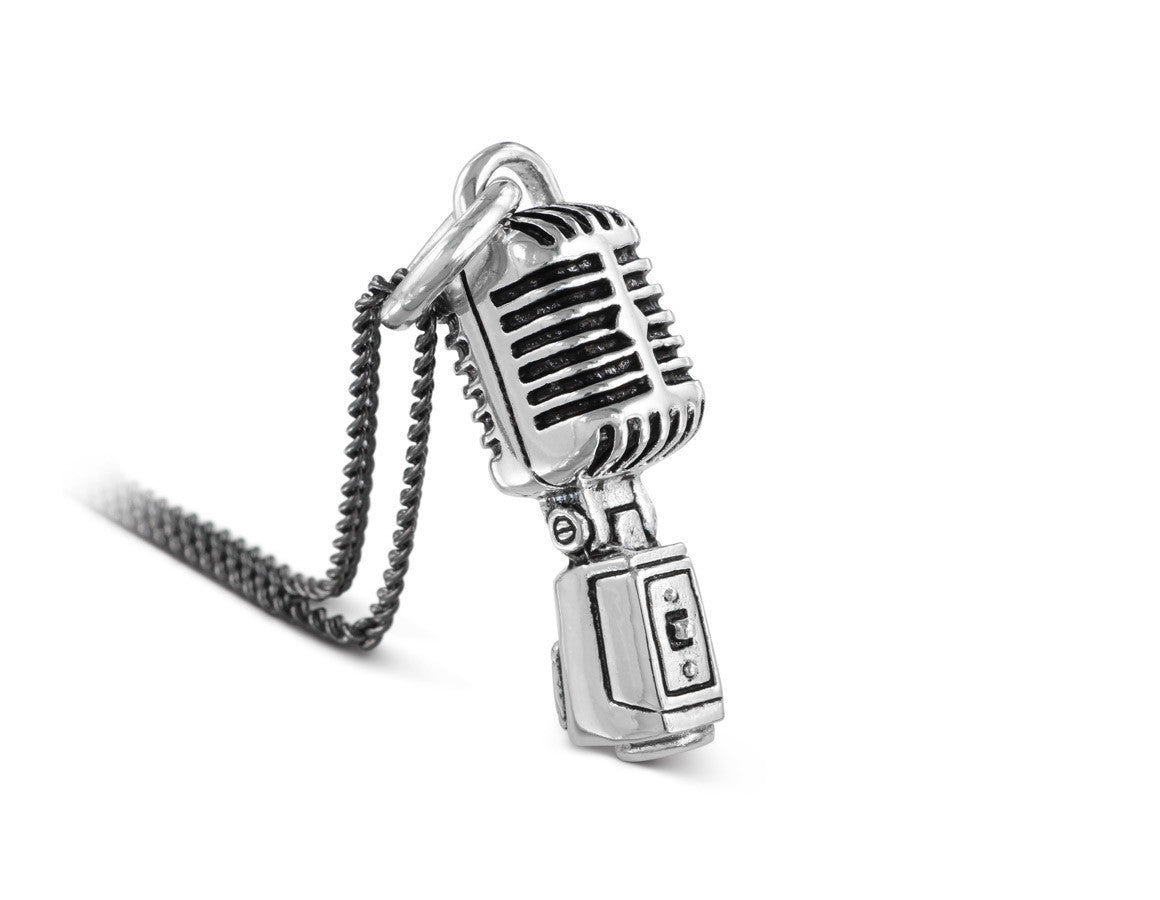 Microphone Necklace in Silver - shown on gunmetal chain