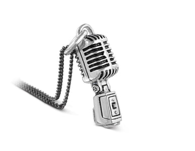 Microphone Necklace in Silver - shown on gunmetal chain