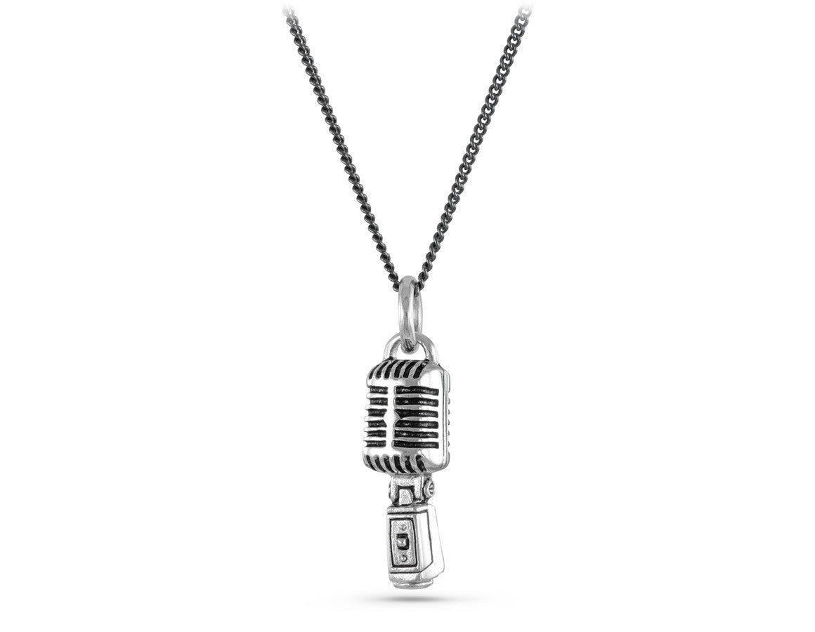 Microphone Necklace in Silver - shown on gunmetal chain