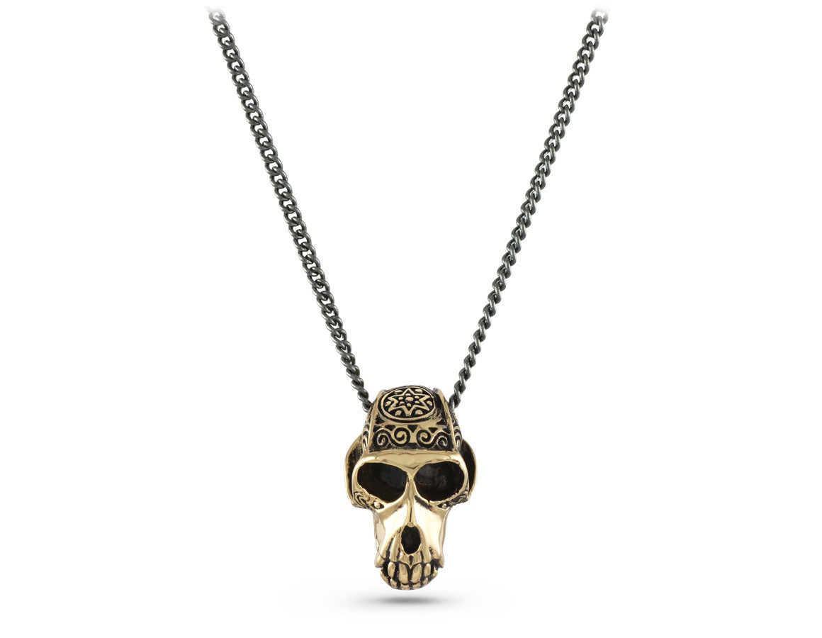 Monkey Skull Necklace in Bronze - shown on gunmetal chain