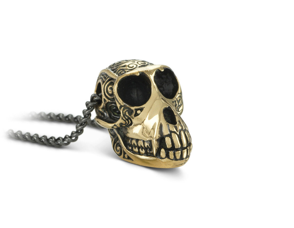 Monkey Skull Necklace in Bronze - shown on gunmetal chain