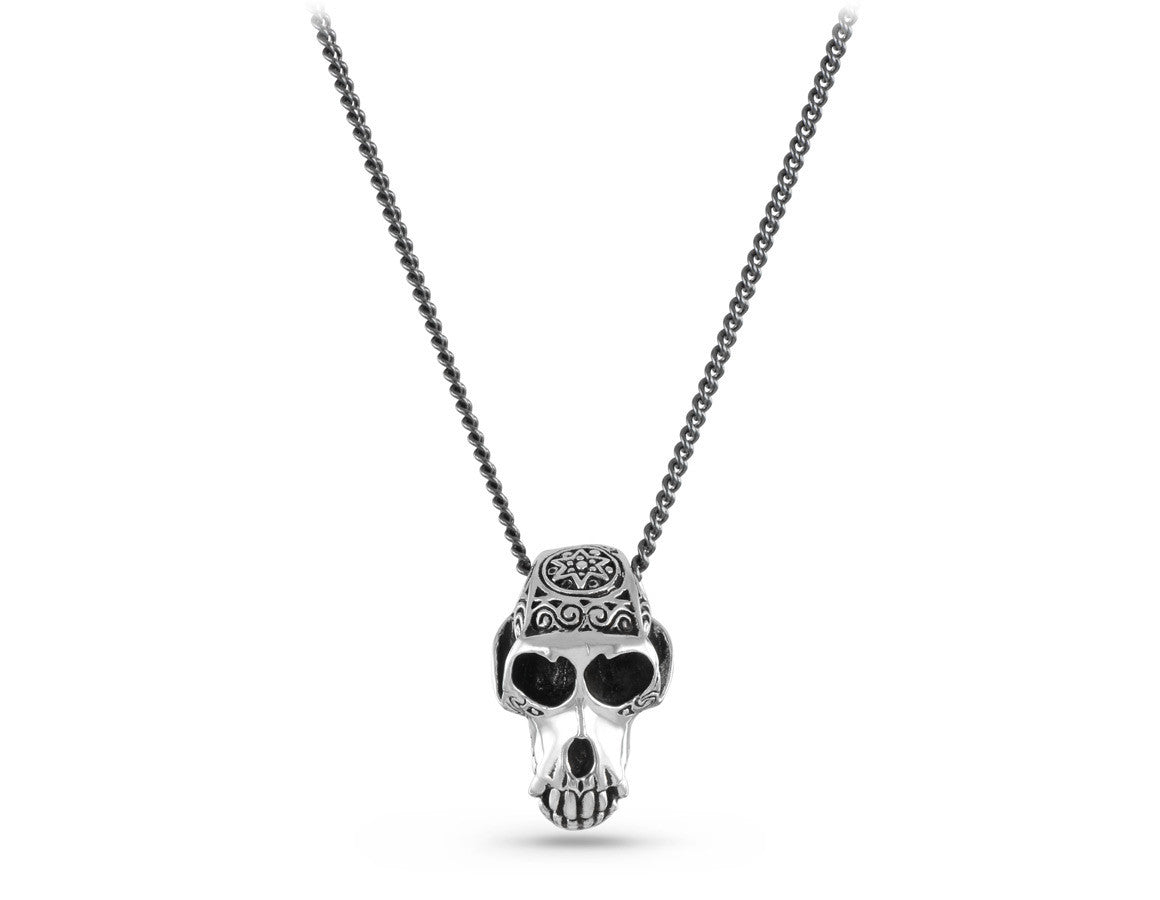 Monkey Skull Necklace in Silver - shown on gunmetal chain