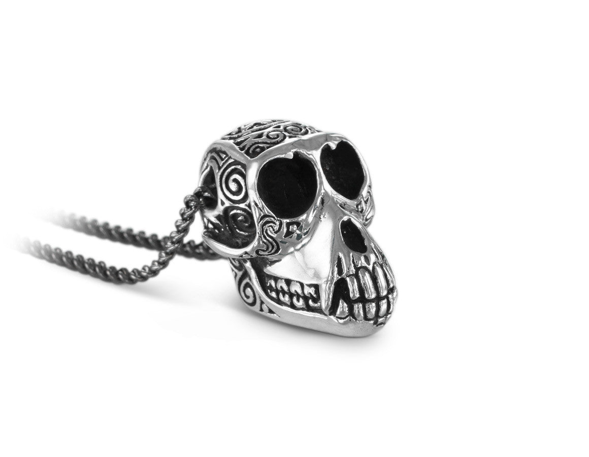 Monkey Skull Necklace in Silver - shown on gunmetal chain