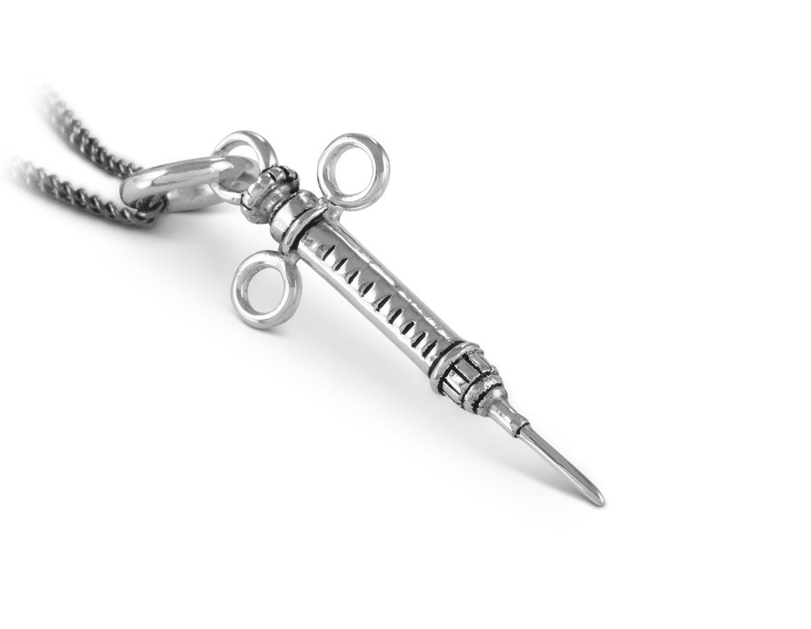 Syringe Necklace in Silver - shown on gunmetal chain