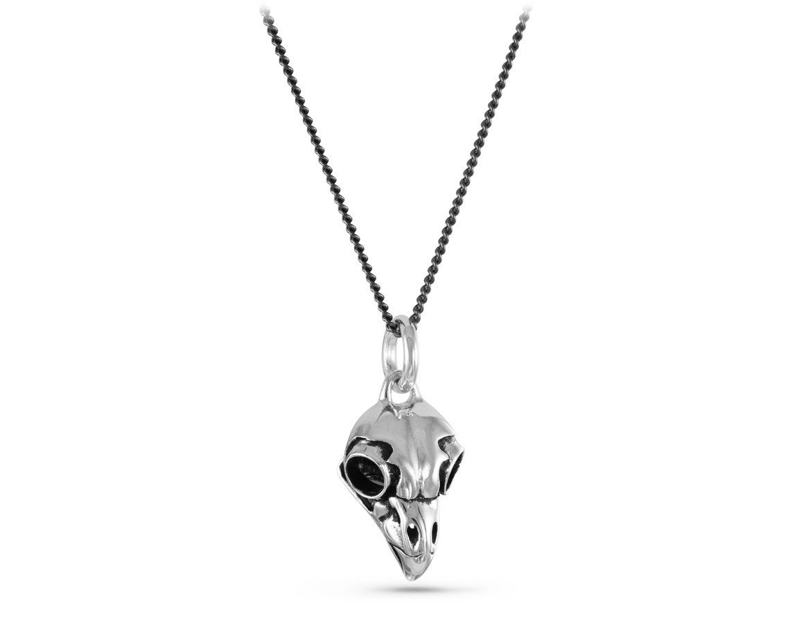 Owl Skull Necklace in Silver - shown on gunmetal chain