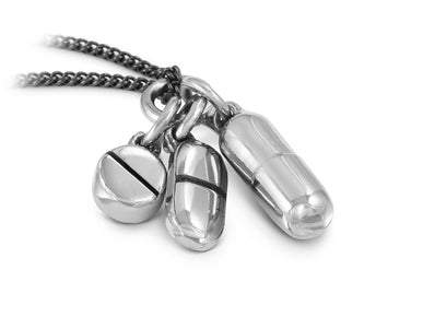 Pills Necklace in Silver - shown on gunmetal chain