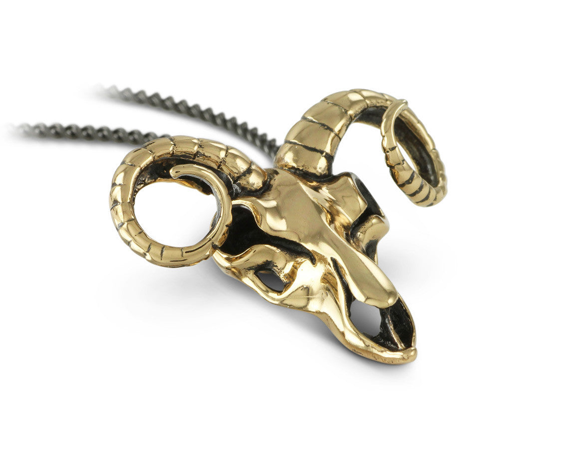 Ram Skull Necklace in Bronze - shown on gunmetal chain