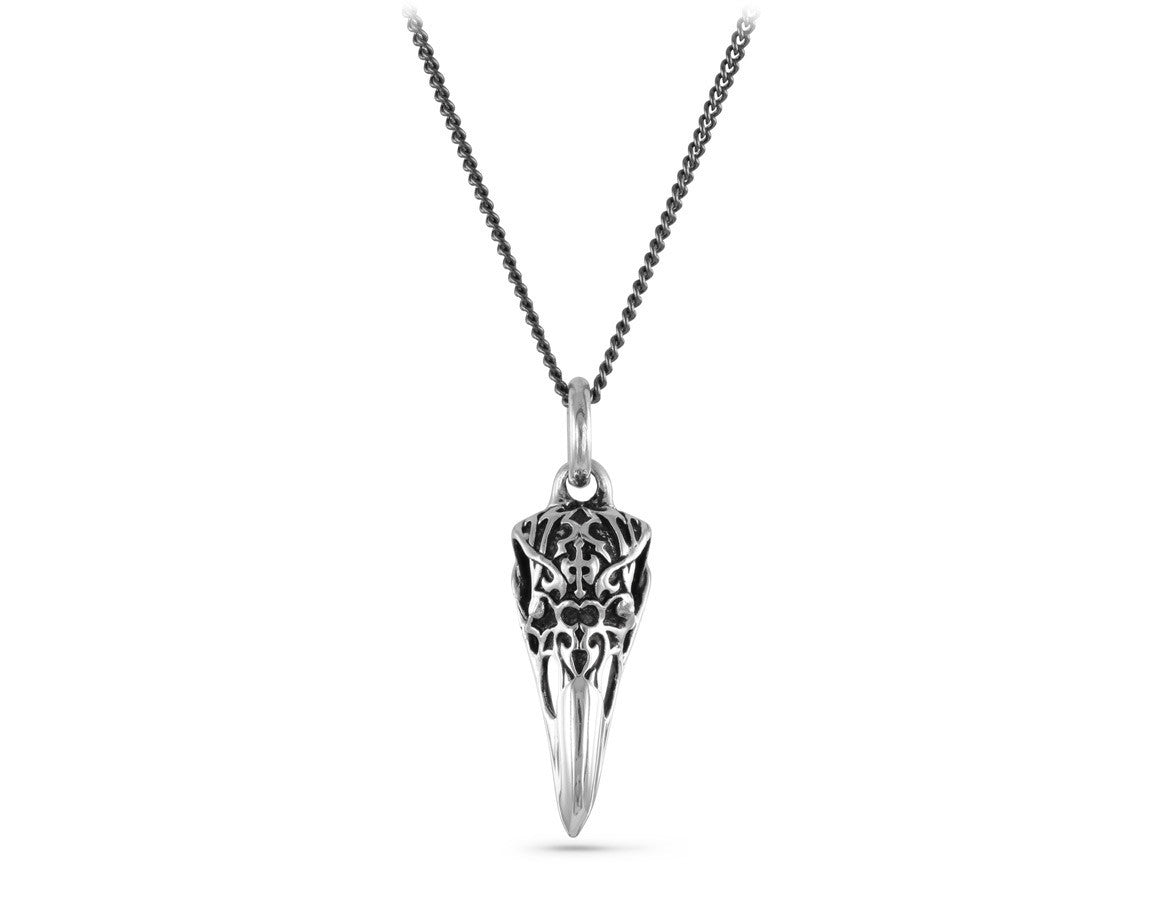 Ornate Raven Skull Necklace in Silver - shown on gunmetal chain