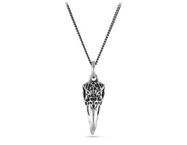 Ornate Raven Skull Necklace in Silver - shown on gunmetal chain