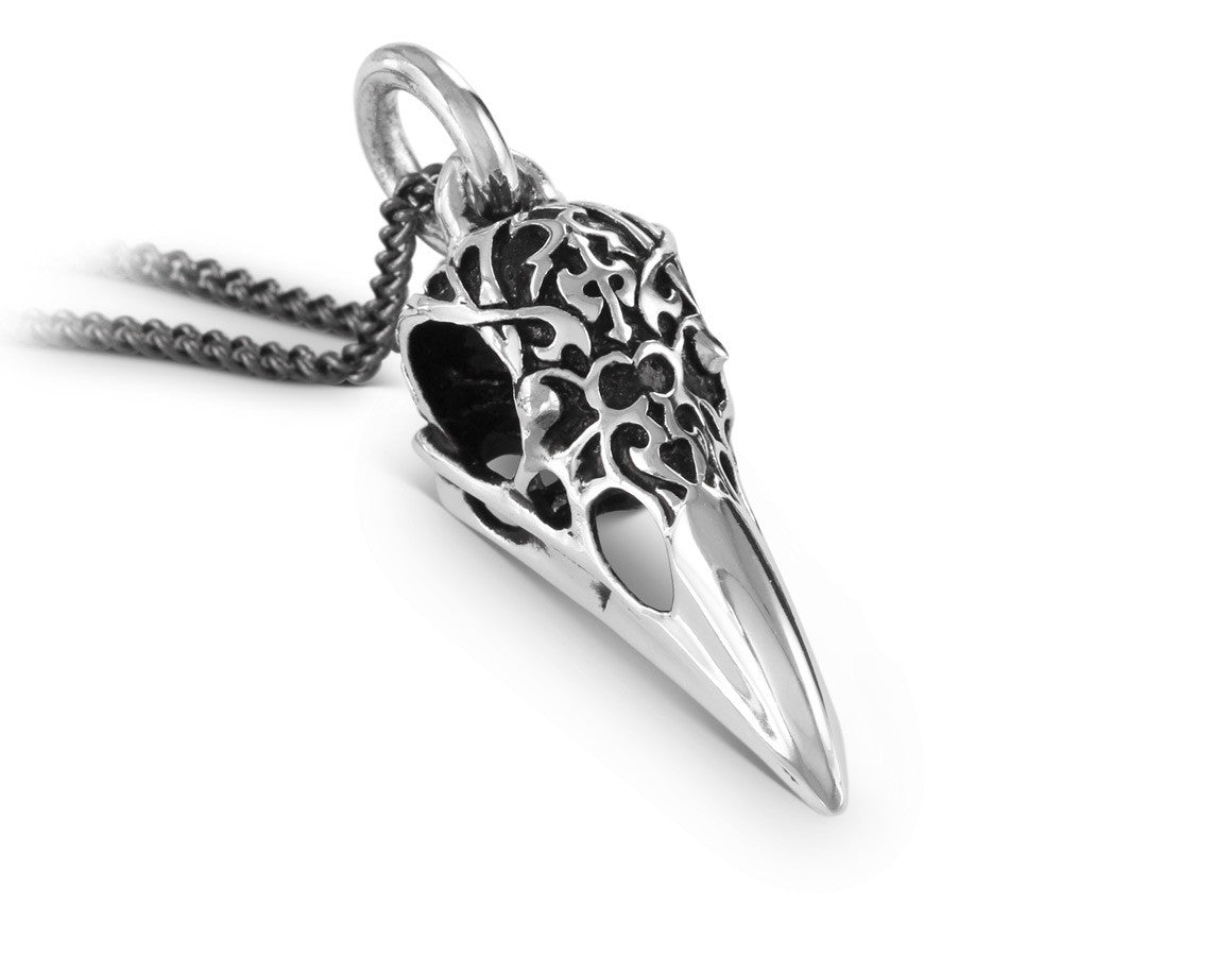 Ornate Raven Skull Necklace in Silver - shown on gunmetal chain