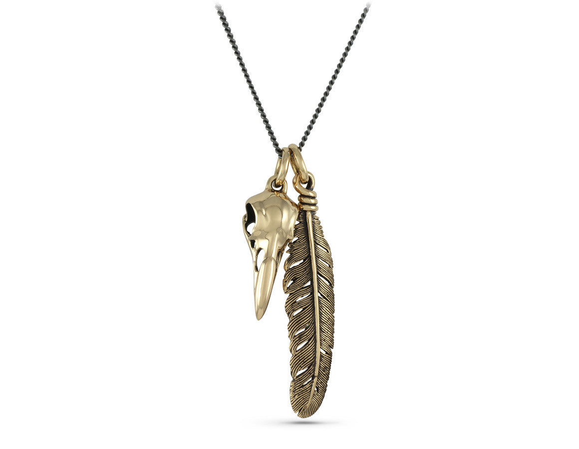 Raven Skull & Feather Necklace in Bronze - shown on gunmetal chain