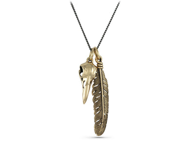 Raven Skull & Feather Necklace in Bronze - shown on gunmetal chain