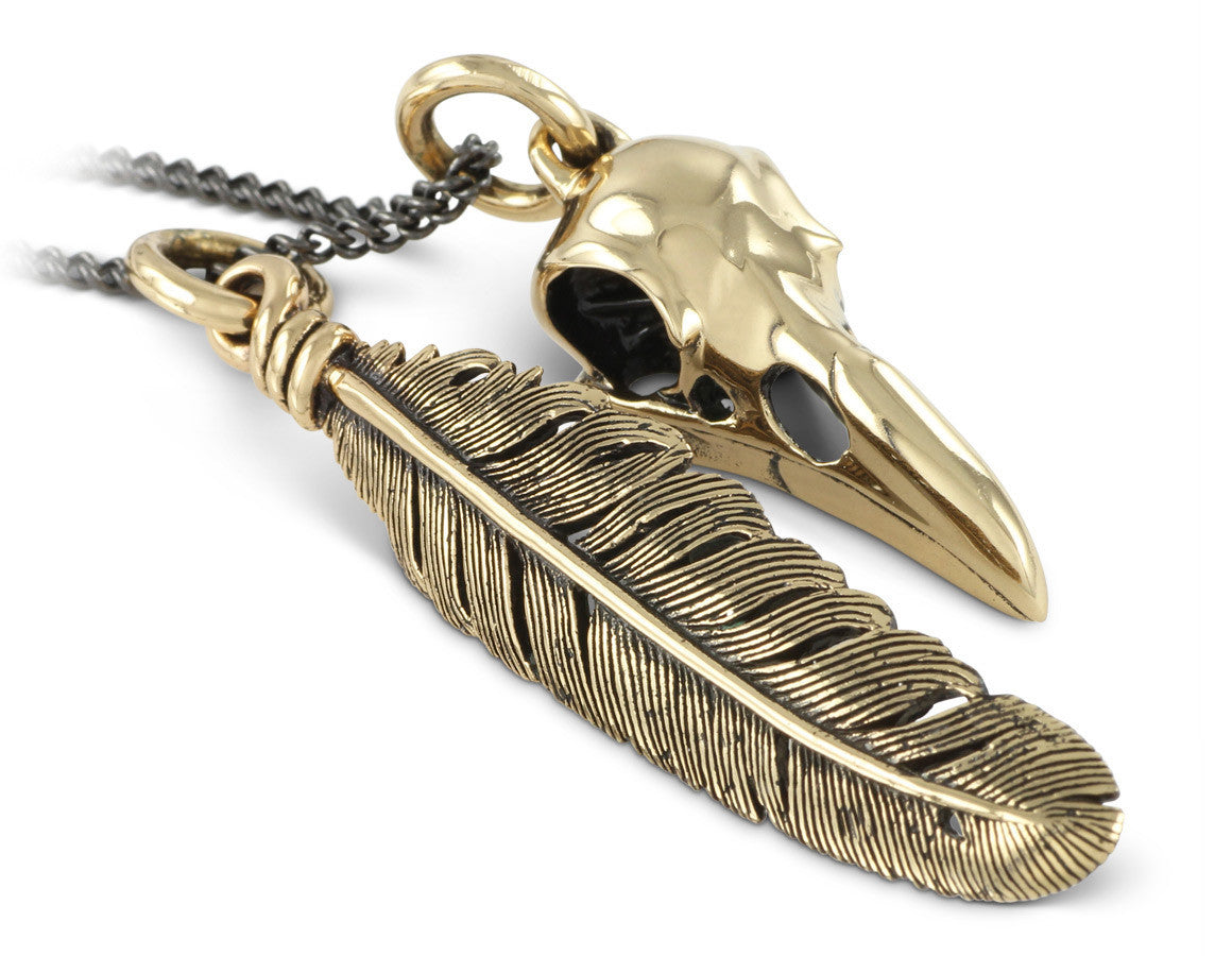 Raven Skull & Feather Necklace in Bronze - shown on gunmetal chain