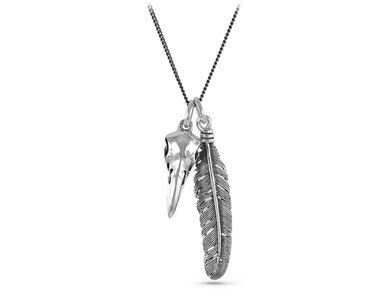 Raven Skull & Feather Necklace in Silver - shown on gunmetal chain