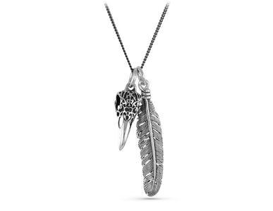 Ornate Raven Skull & Feather Necklace in Silver - shown on gunmetal chain