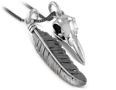 Raven Skull & Feather Necklace in Silver - shown on gunmetal chain