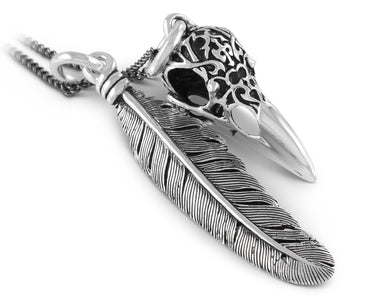 Ornate Raven Skull & Feather Necklace in Silver - shown on gunmetal chain