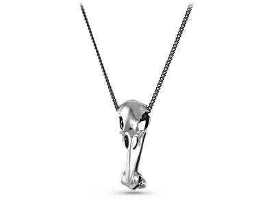 Raven Skull with Human Skull Necklace in Silver - shown on gunmetal chain