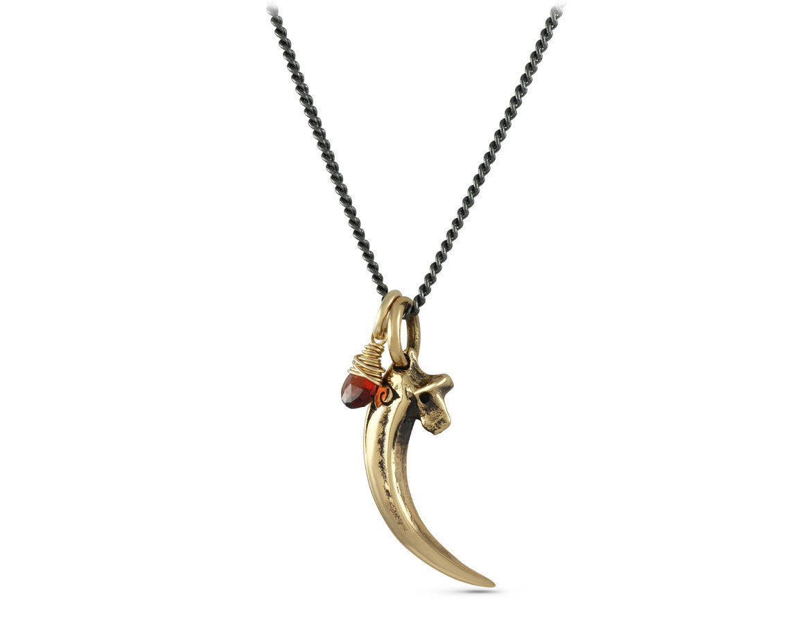 Raven Talon Necklace with Garnet in Bronze - shown on gunmetal chain