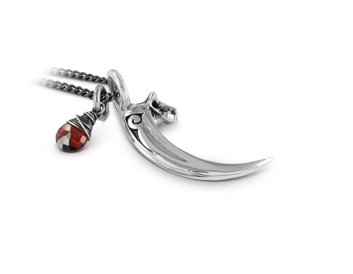 Raven Talon Necklace with Garnet in Silver - shown on gunmetal chain