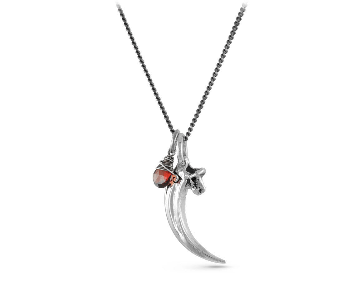 Raven Talon Necklace with Garnet in Silver - shown on gunmetal chain