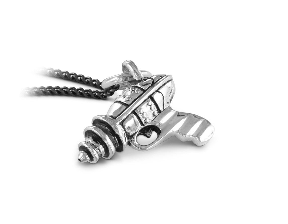 Ray Gun Necklace in Silver - shown on gunmetal chain