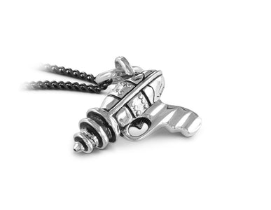 Ray Gun Necklace in Silver - shown on gunmetal chain