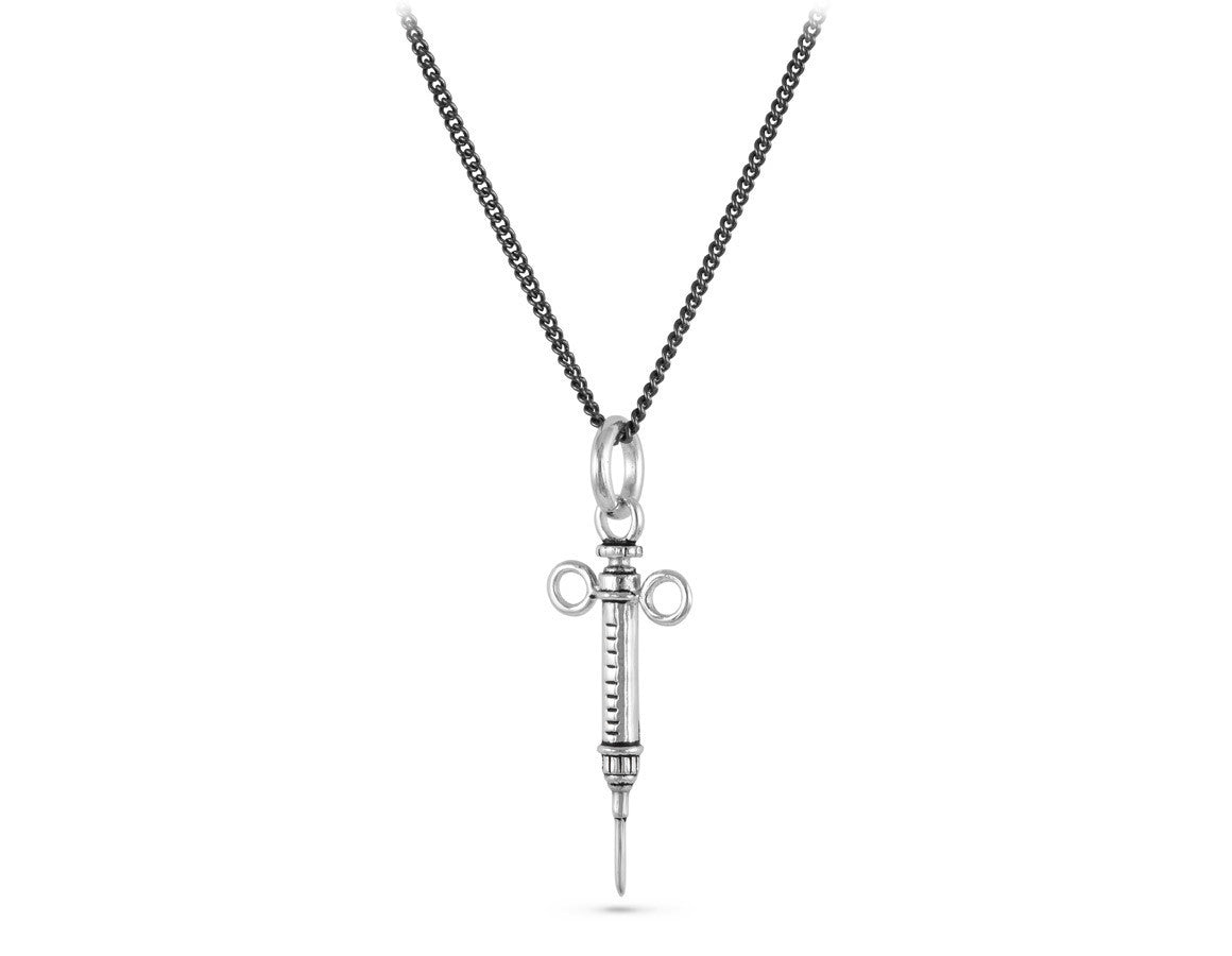 Syringe Necklace in Silver - shown on gunmetal chain